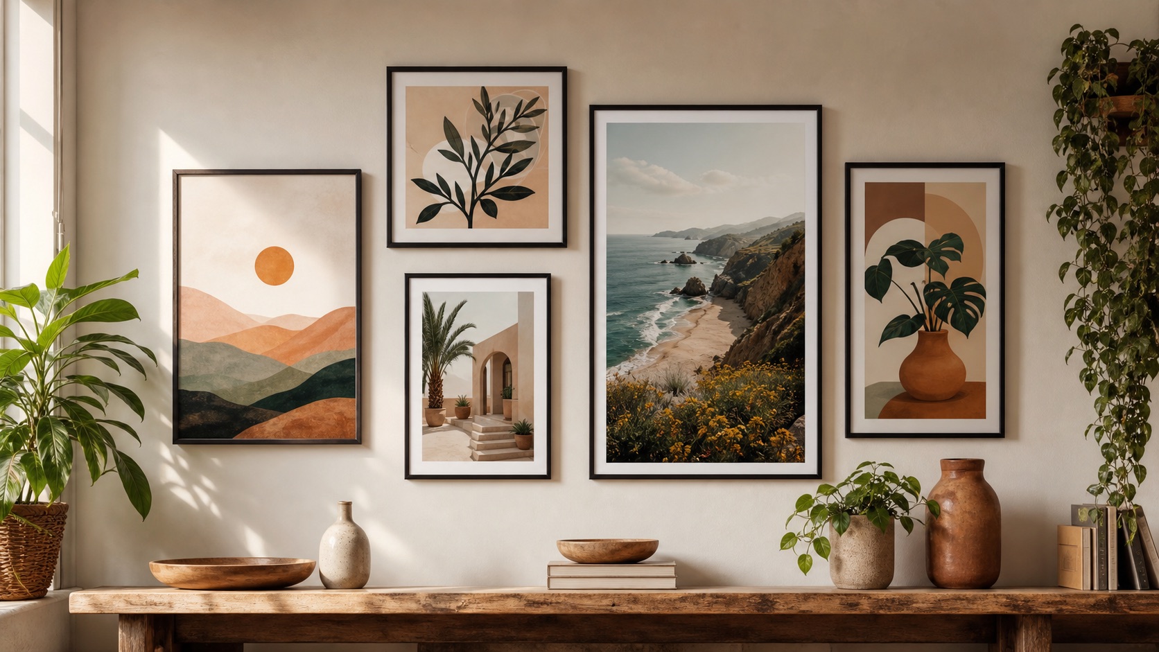 Gallery wall of AI-generated posters above a styled shelf