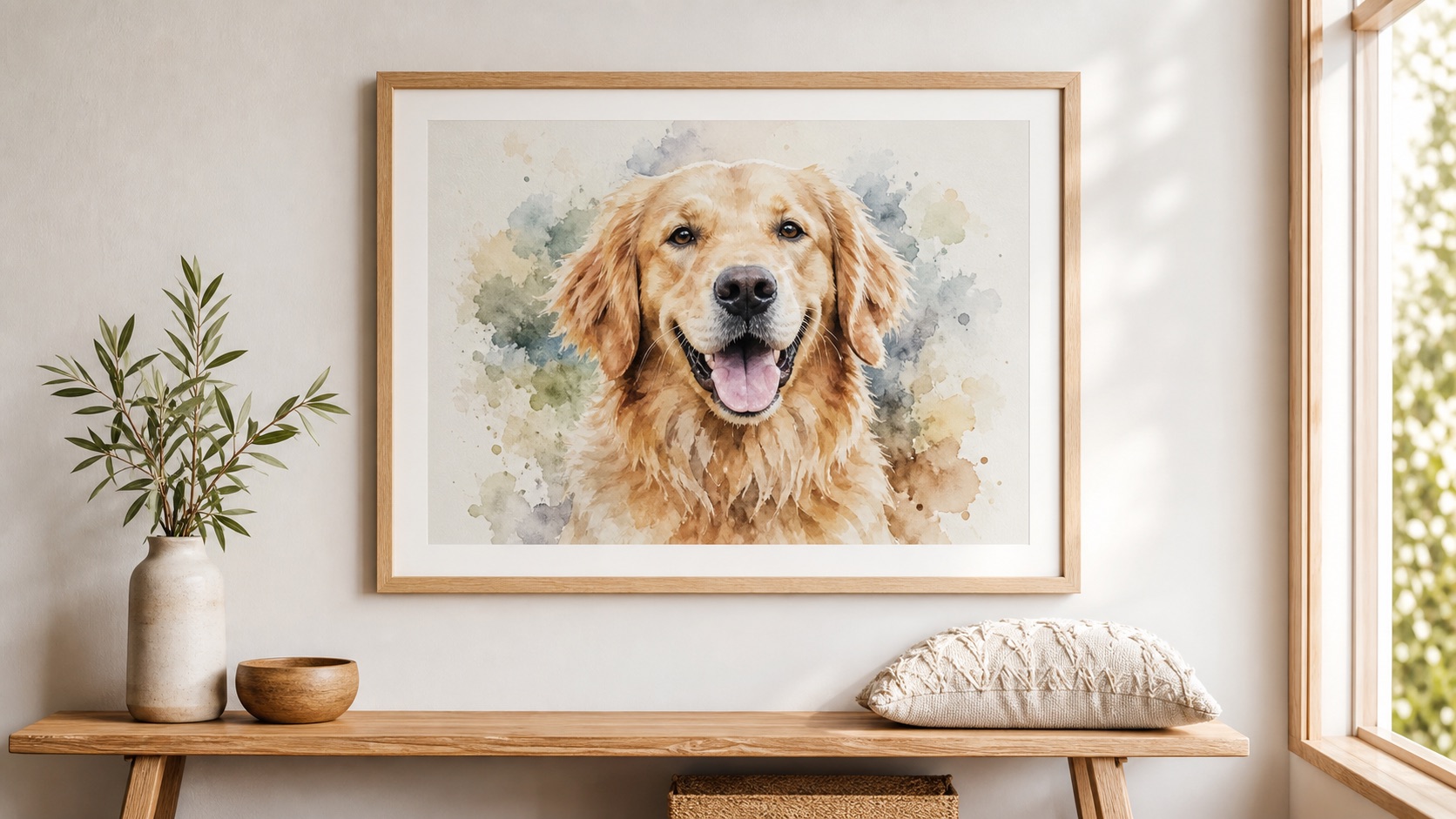 Soft watercolor poster of a cat in a minimalist room